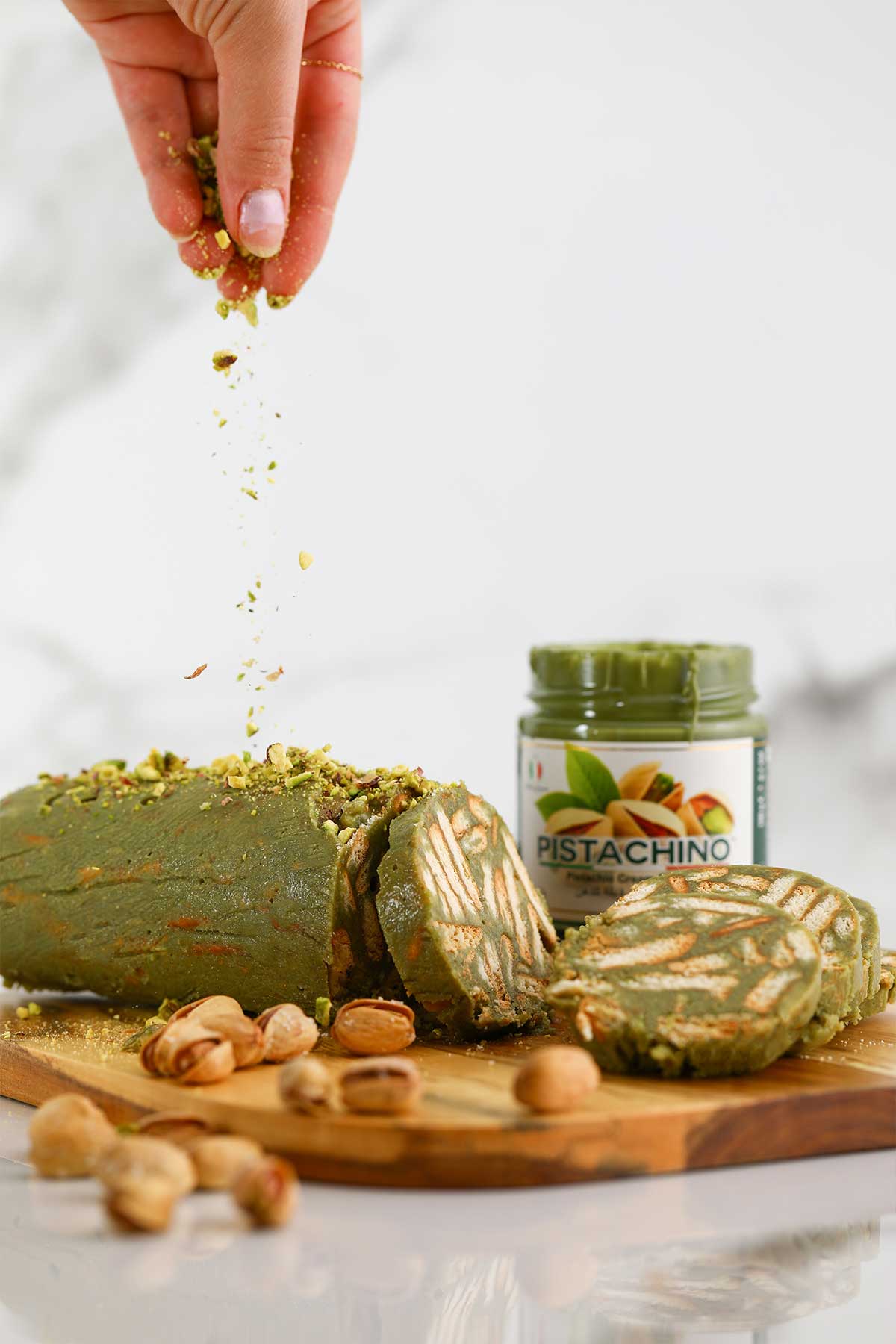 Lazy-cake-recipe-with-pistachio-spread-portrait-image